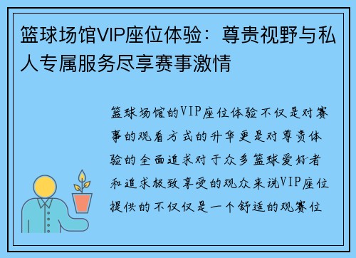 篮球场馆VIP座位体验：尊贵视野与私人专属服务尽享赛事激情