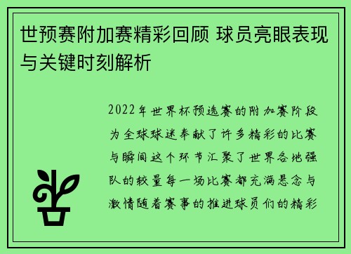 世预赛附加赛精彩回顾 球员亮眼表现与关键时刻解析